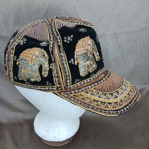 VTG Handmade Cap w Elephants Silver Sequins, Blk Velvet, Gold, Rose gold hints